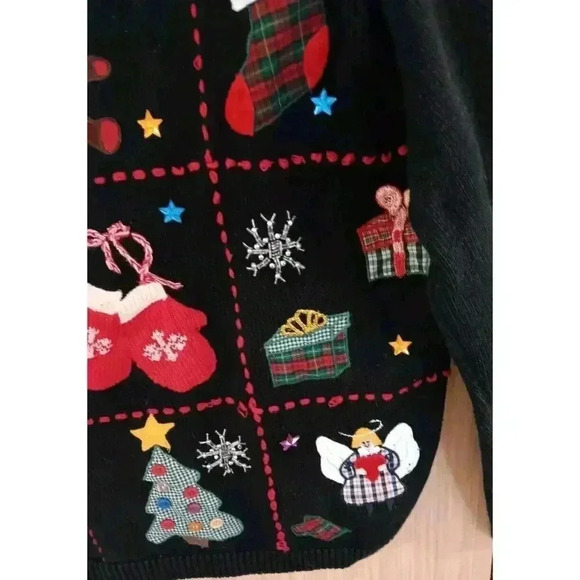 Karen Scott PL Black Christmas Collage Patchwork Christmas Sweater - Picture 6 of 8